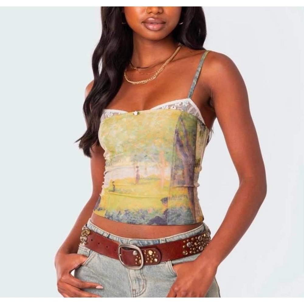 Edikted Impressionist Landscape Print Camisole Lace Trim Zipper Back Top Green M